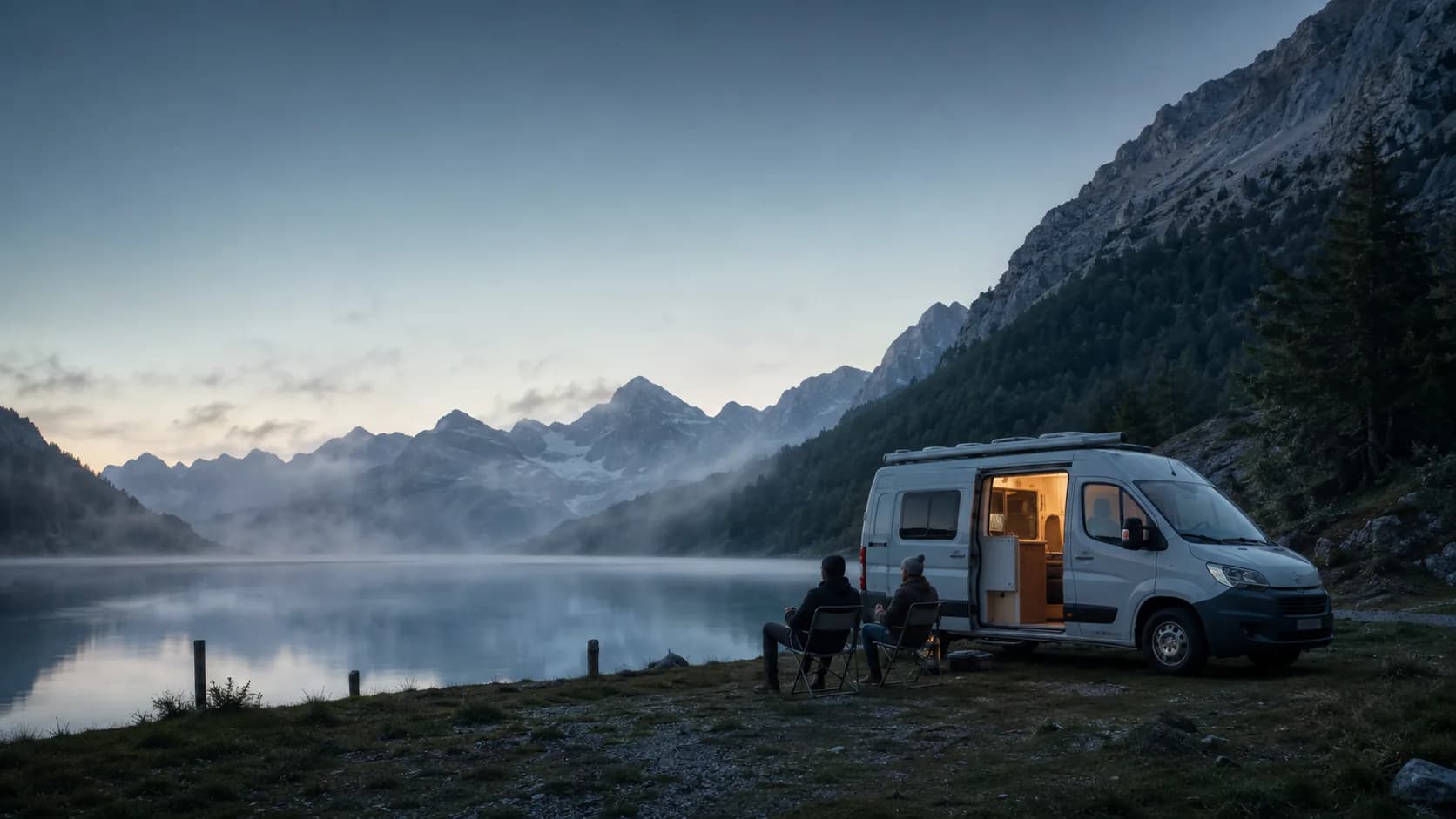 Two travellers beside a camper van, looking across an alpine lake at dawn.